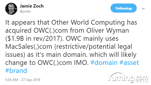 成立30周年的終端又買下品牌owc.com域名