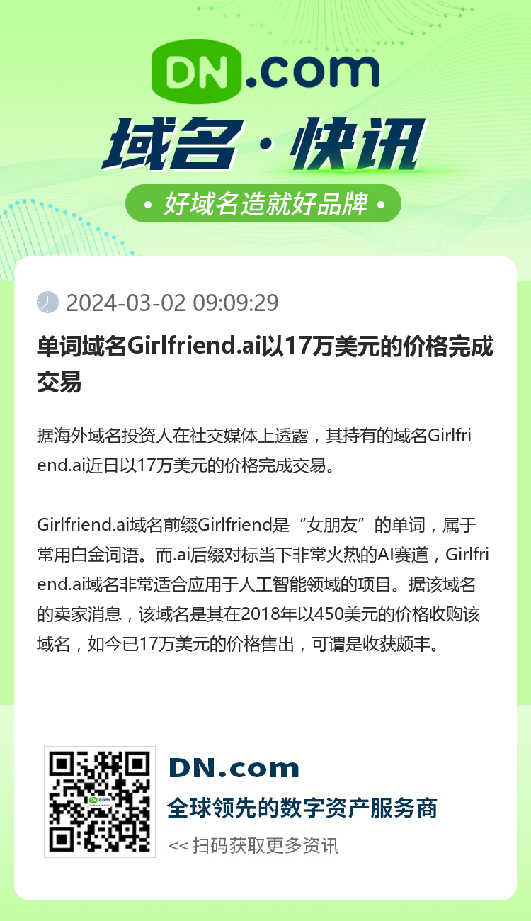 單詞域名Girlfriend.ai以17萬美元的價格完成交易