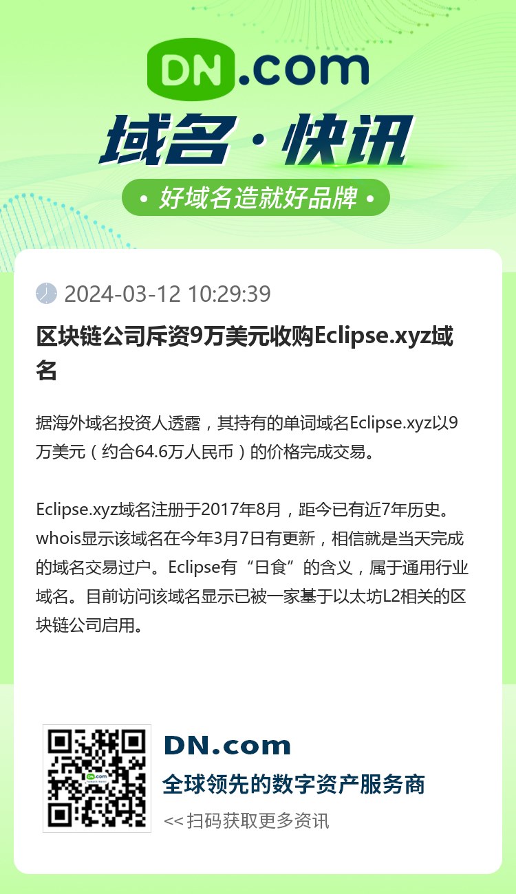 區(qū)塊鏈公司斥資9萬美元收購Eclipse.xyz域名