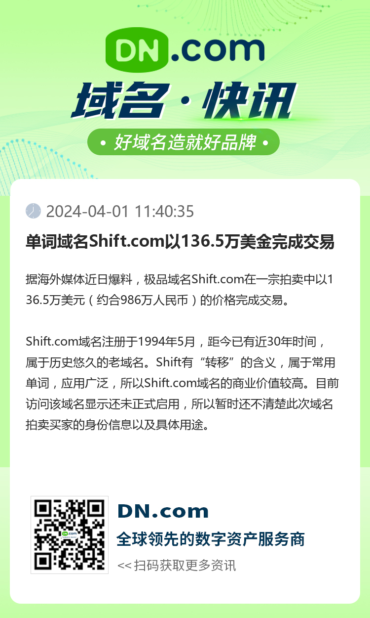 單詞域名Shift.com以136.5萬美金完成交易
