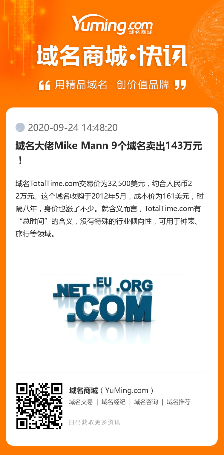 域名大佬Mike Mann 9個域名賣出143萬元！