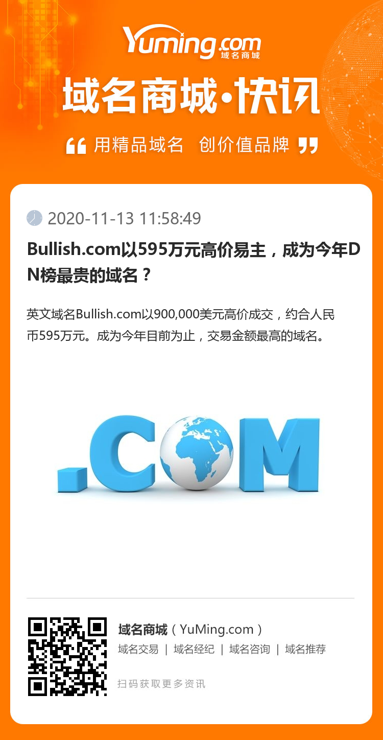 Bullish.com以595萬元高價易主，成為今年DN榜最貴的域名？