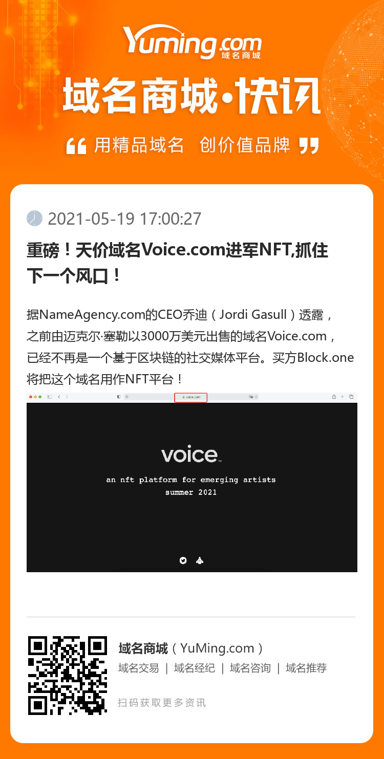 重磅！天價域名Voice.com進軍NFT,抓住下一個風口！