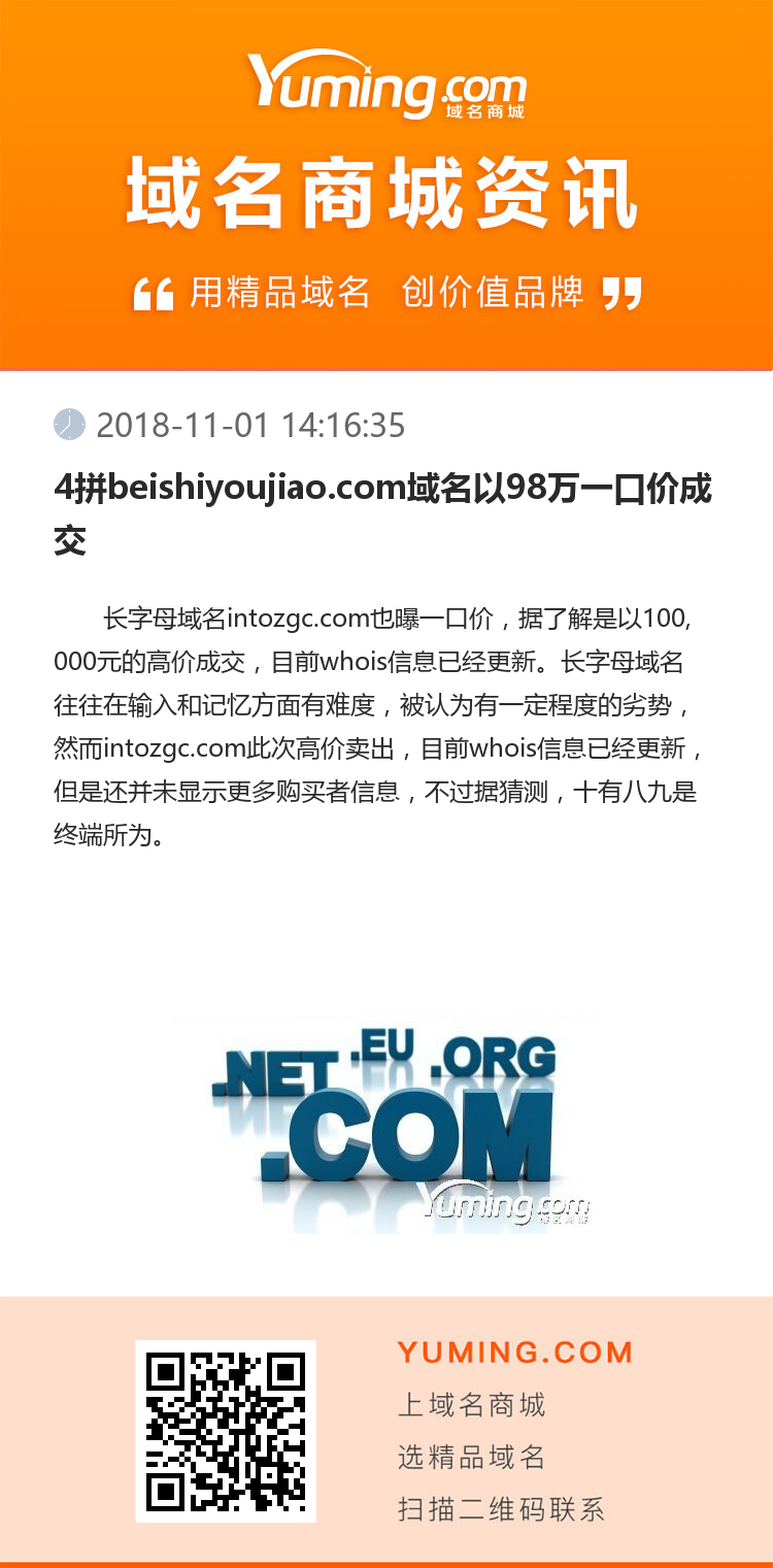 4拼beishiyoujiao.com域名以98萬一口價成交
