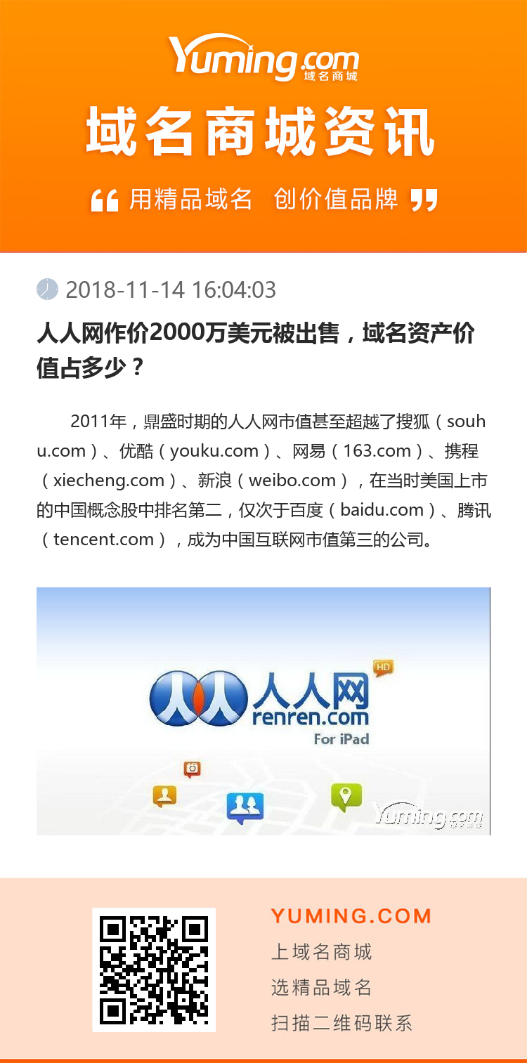 人人網作價2000萬美元被出售，域名資產價值占多少？