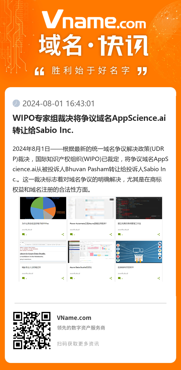 WIPO專家組裁決將爭議域名AppScience.ai轉讓給Sabio Inc.