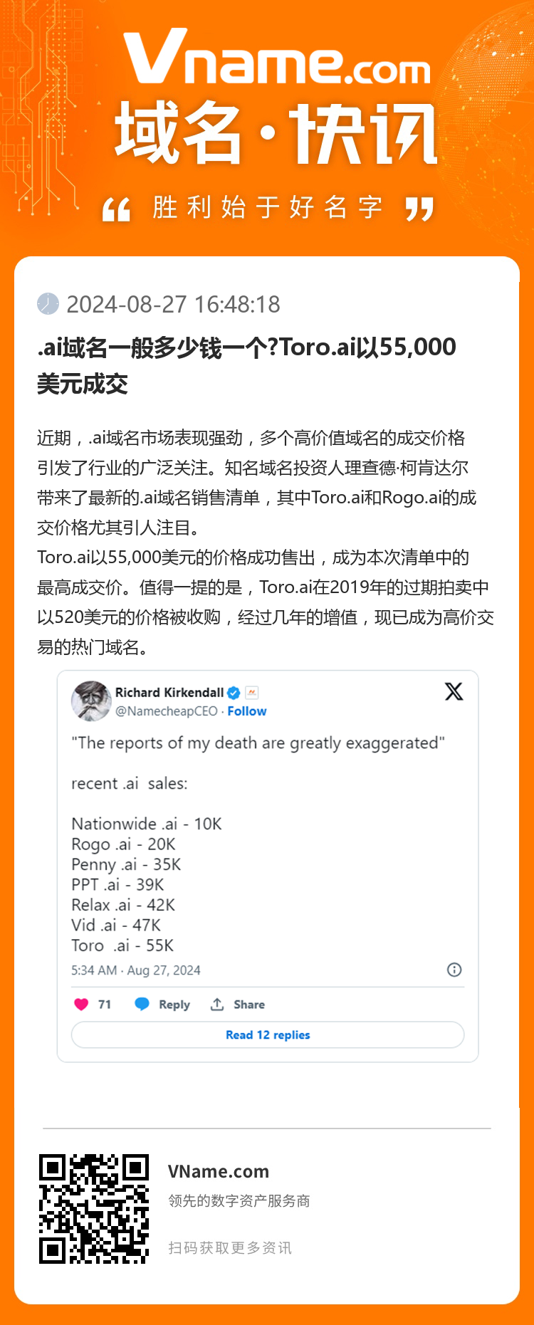 .ai域名一般多少錢一個?Toro.ai以55,000美元成交