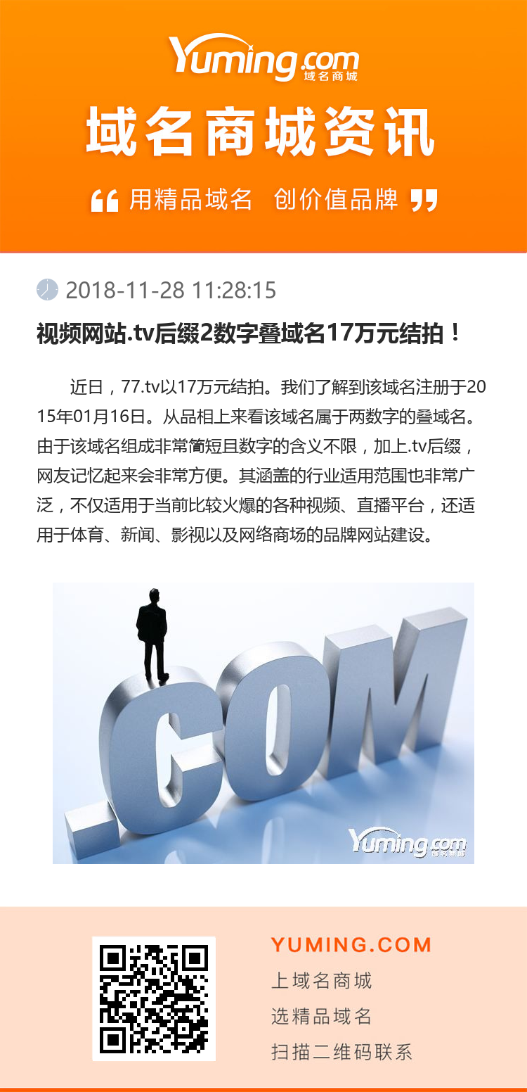 視頻網站.tv后綴2數字疊域名17萬元結拍！