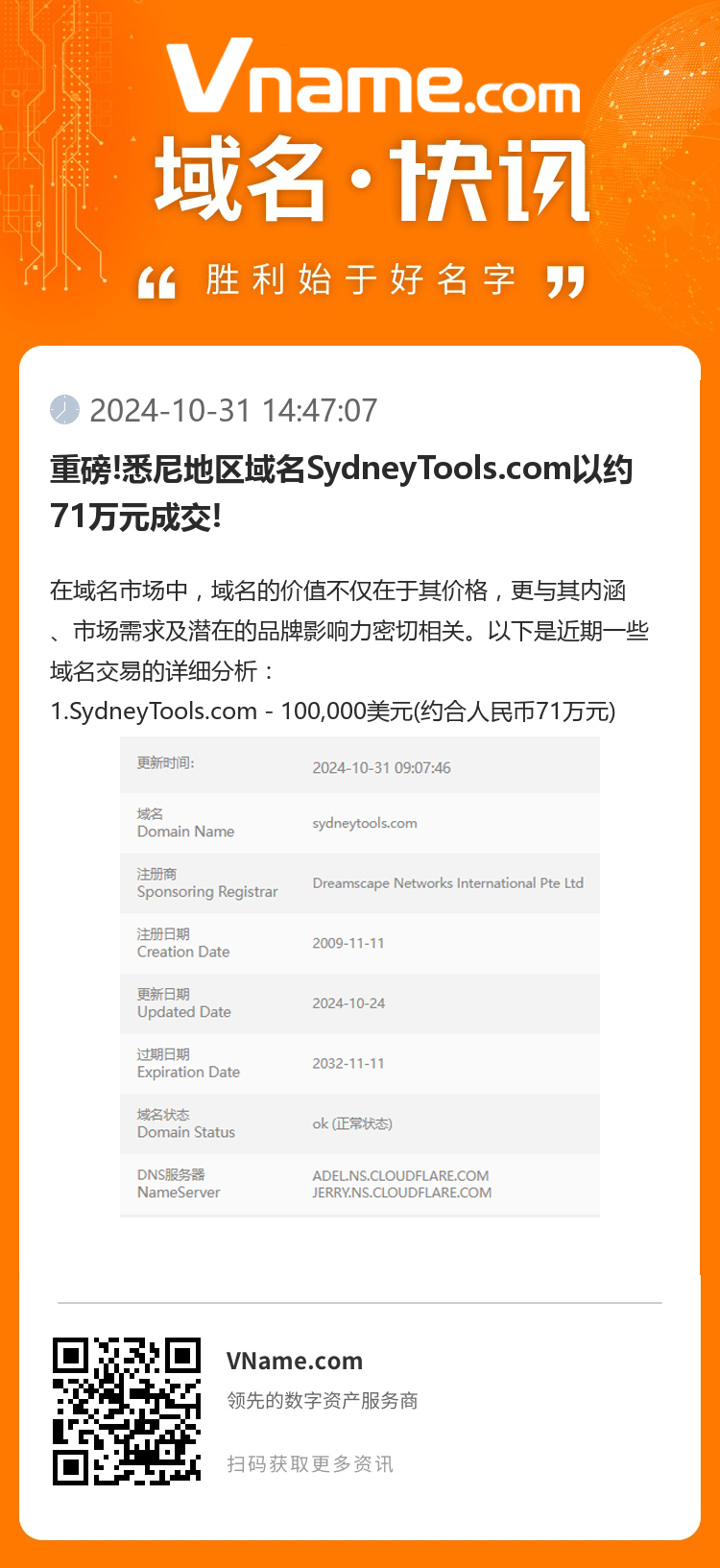 重磅!悉尼地區域名SydneyTools.com以約71萬元成交!