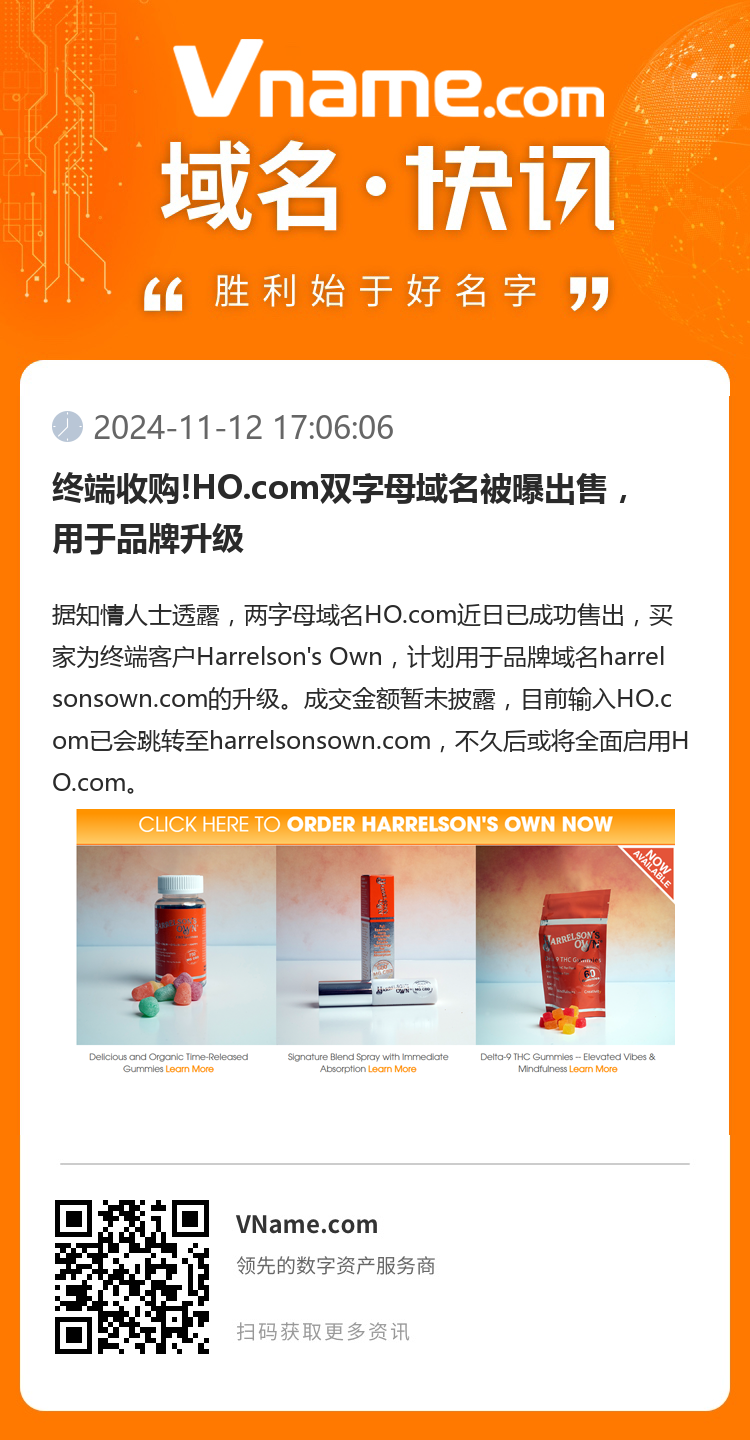 終端收購!HO.com雙字母域名被曝出售，用于品牌升級