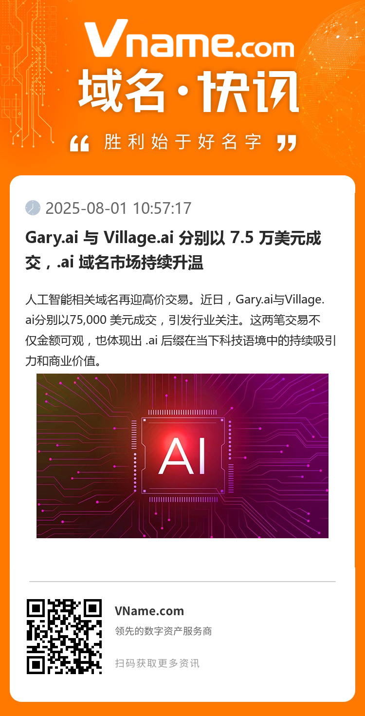 Gary.ai 與 Village.ai 分別以 7.5 萬美元成交，.ai 域名市場持續(xù)升溫