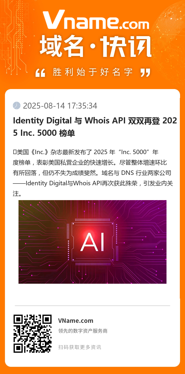Identity Digital 與 Whois API 雙雙再登 2025 Inc. 5000 榜單