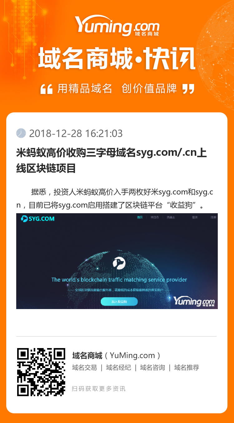 米螞蟻高價(jià)收購三字母域名syg.com/.cn上線區(qū)塊鏈項(xiàng)目