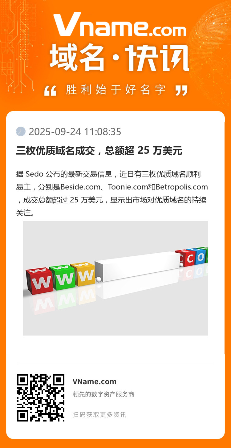 三枚優質域名成交，總額超 25 萬美元