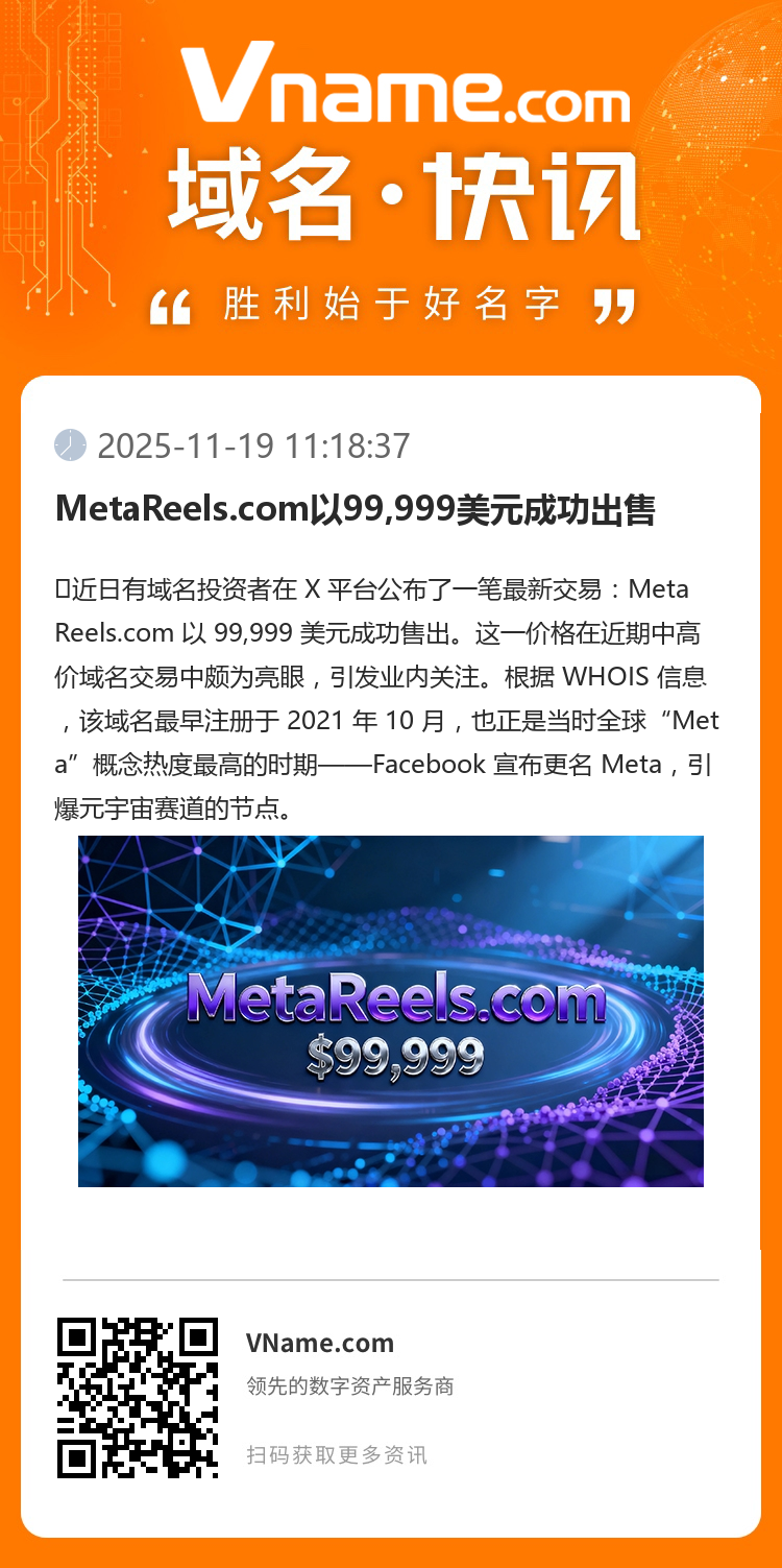 MetaReels.com以99,999美元成功出售