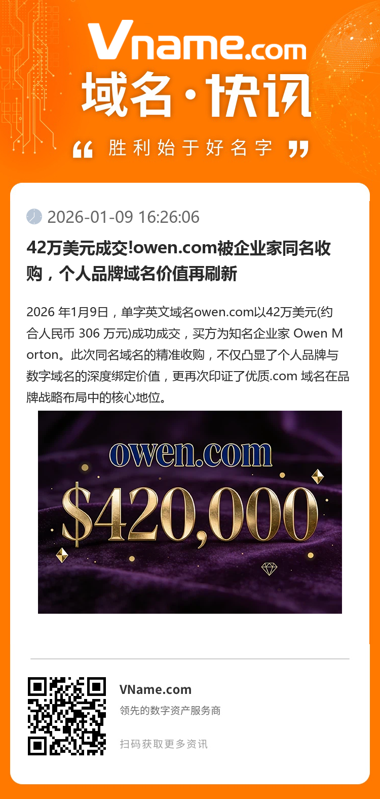 42萬美元成交!owen.com被企業家同名收購，個人品牌域名價值再刷新