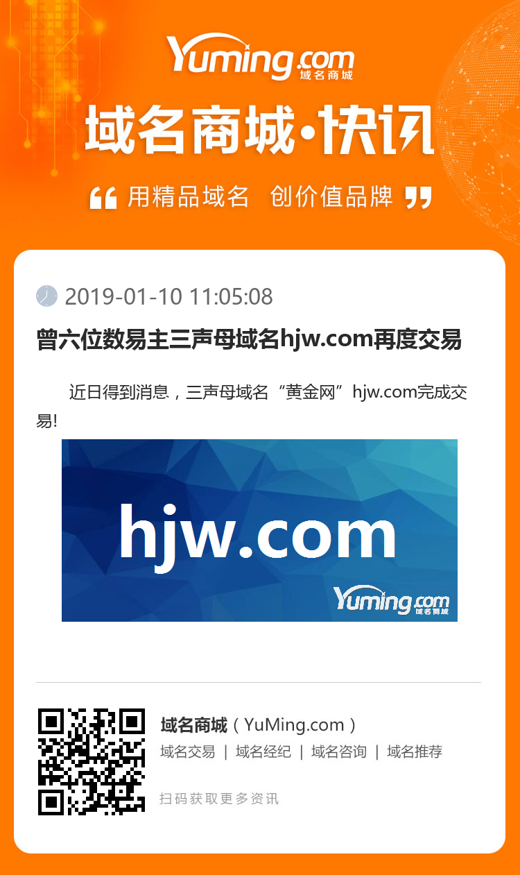 曾六位數易主三聲母域名hjw.com再度交易