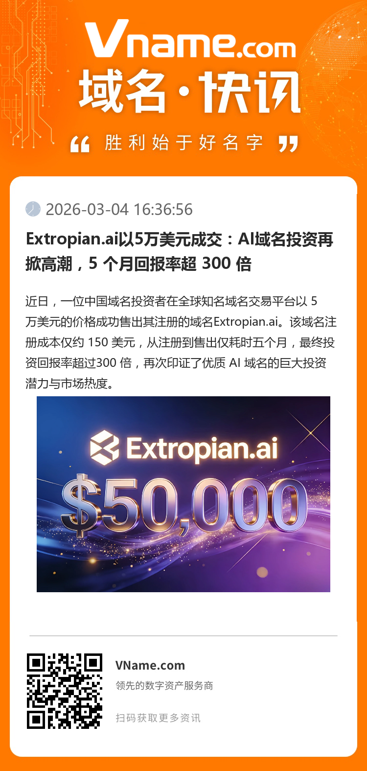 Extropian.ai以5萬美元成交：AI域名投資再掀高潮，5 個月回報率超 300 倍