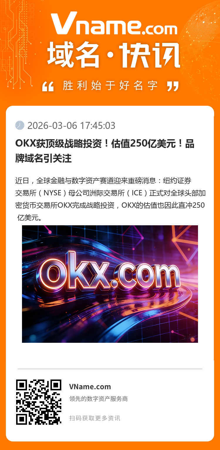 OKX獲頂級戰略投資！估值250億美元！品牌域名引關注