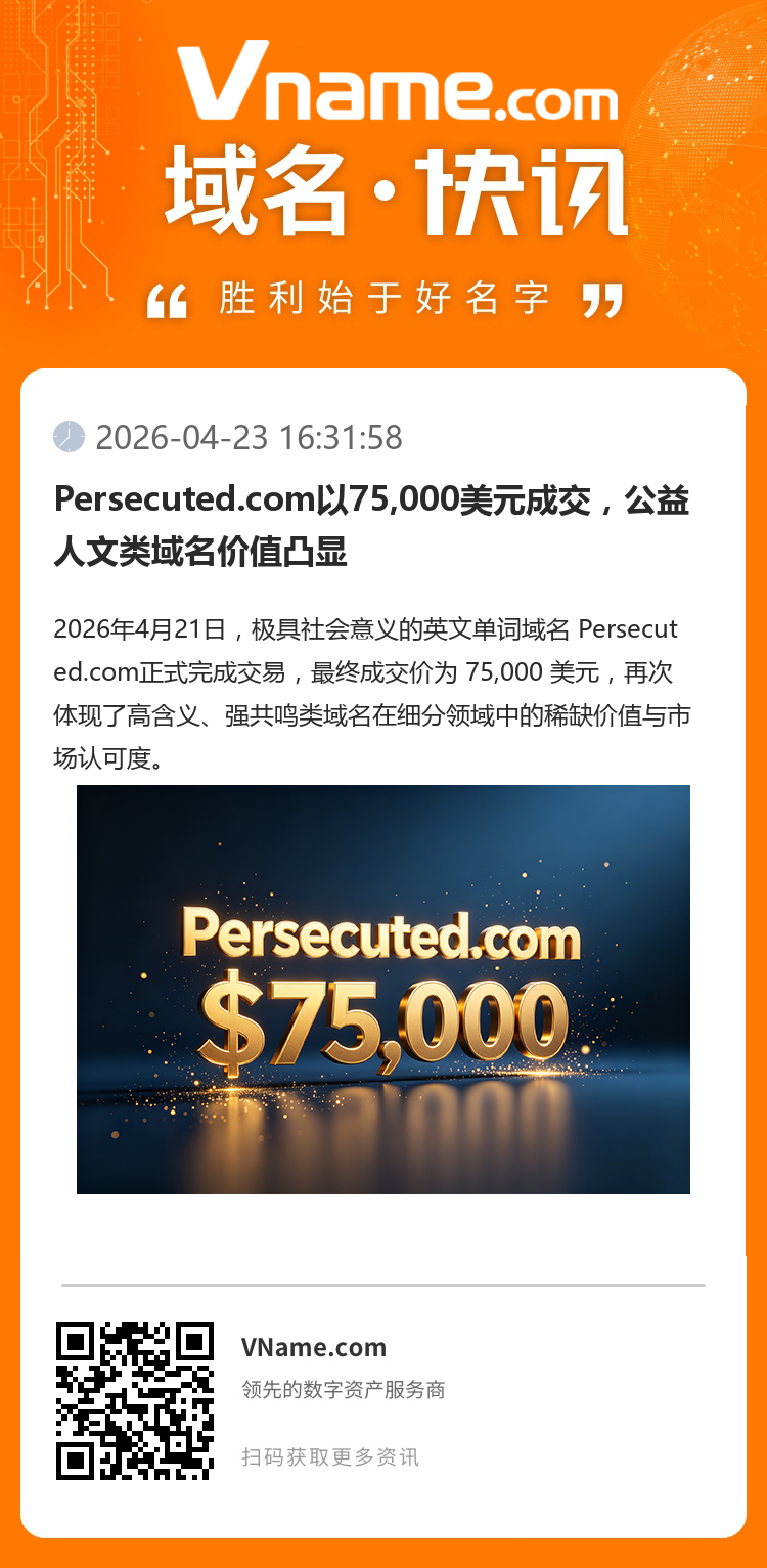 Persecuted.com以75,000美元成交，公益人文類域名價值凸顯