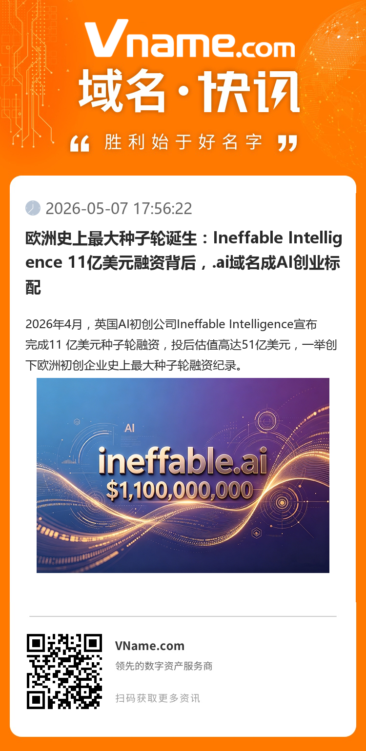 歐洲史上最大種子輪誕生：Ineffable Intelligence 11億美元融資背后，.ai域名成AI創業標配