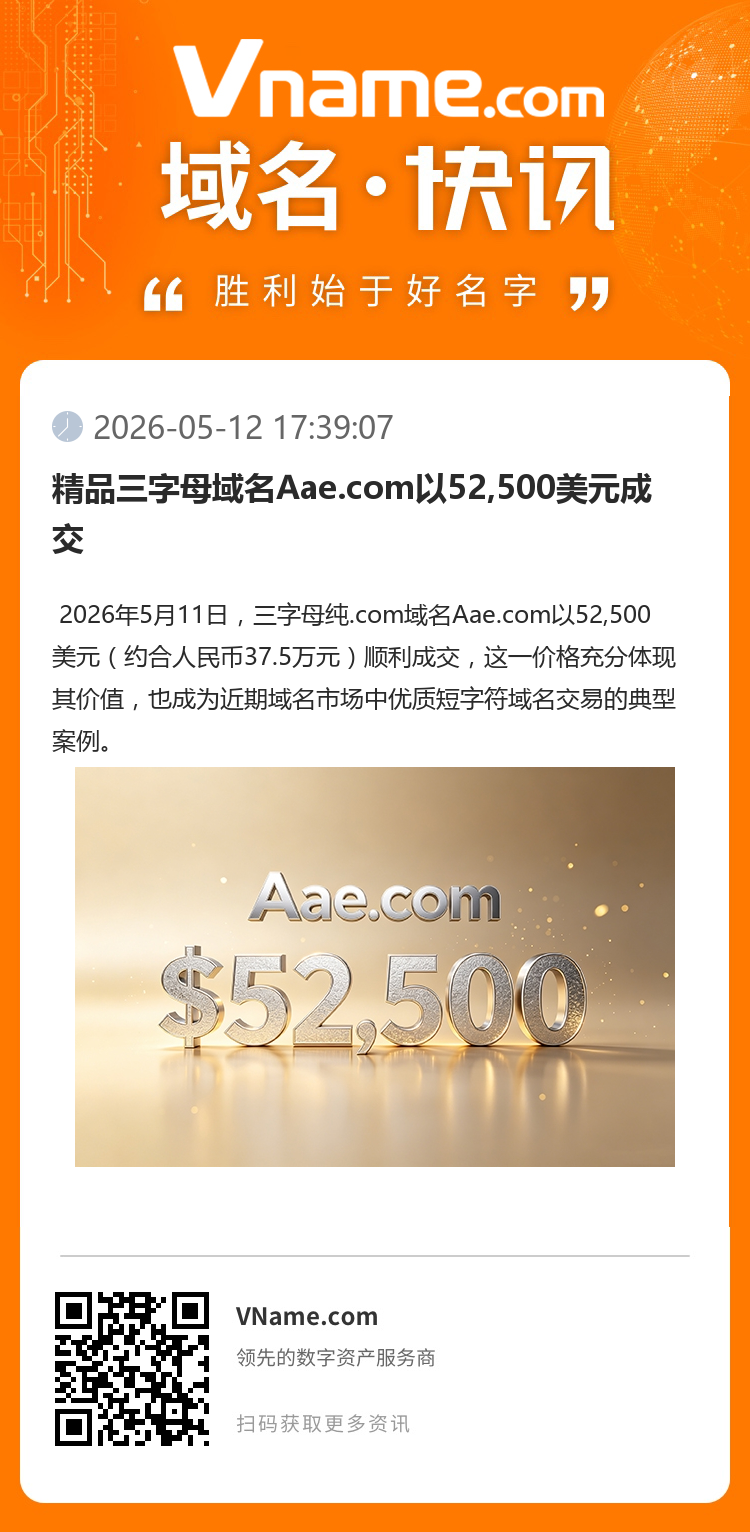 精品三字母域名Aae.com以52,500美元成交