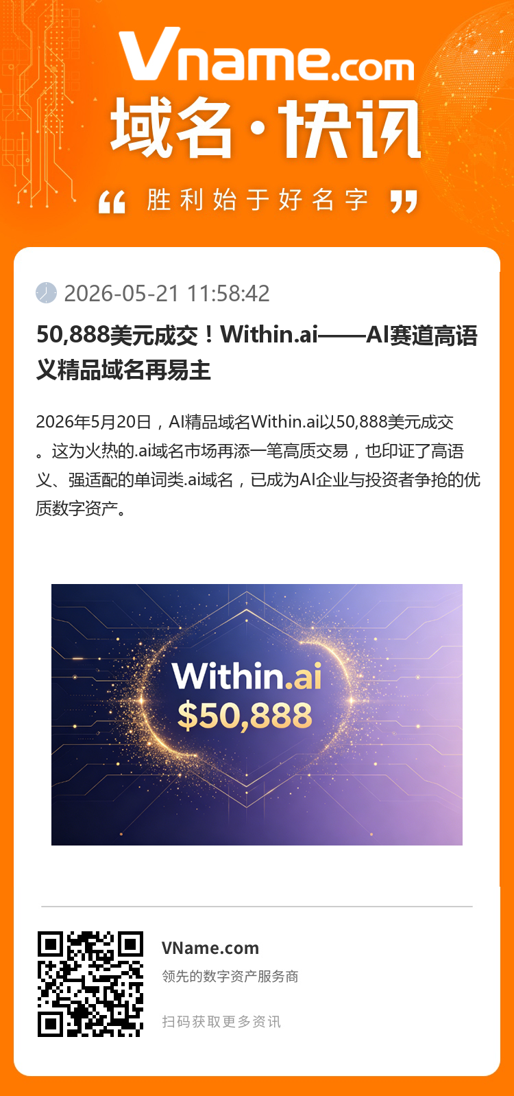 50,888美元成交！Within.ai——AI賽道高語義精品域名再易主