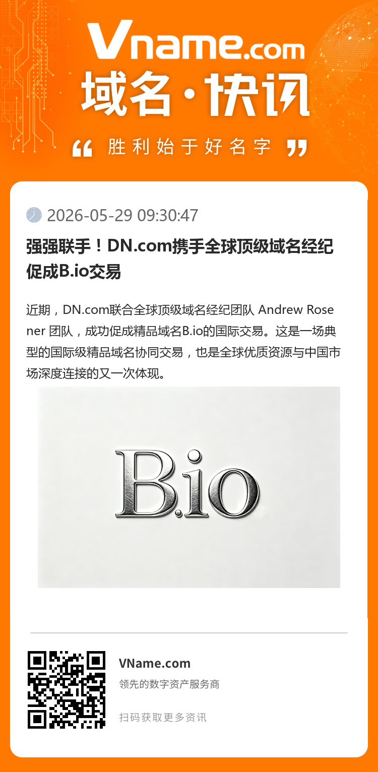 強強聯手！DN.com攜手全球頂級域名經紀促成B.io交易