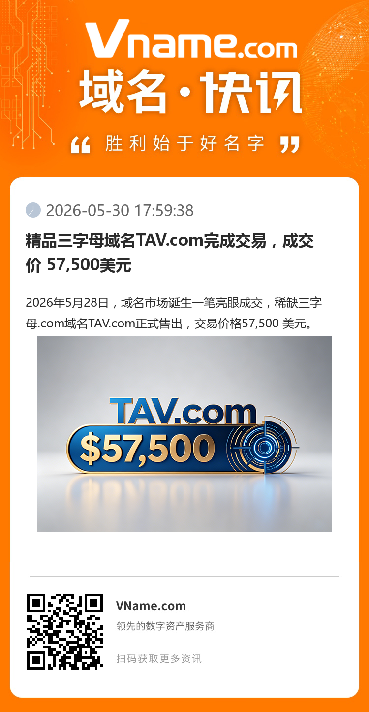 精品三字母域名TAV.com完成交易，成交價 57,500美元