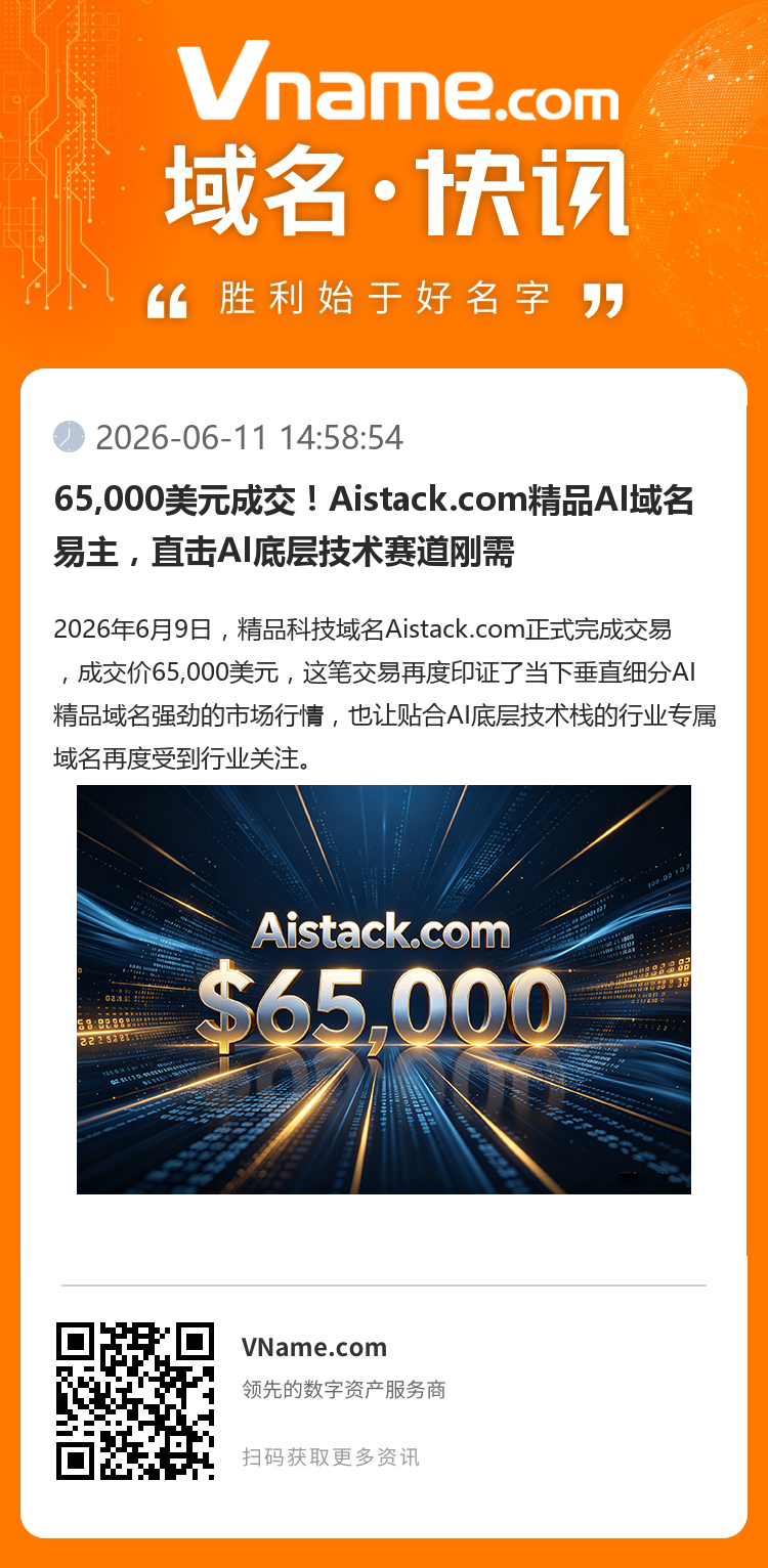 65,000美元成交！Aistack.com精品AI域名易主，直擊AI底層技術賽道剛需