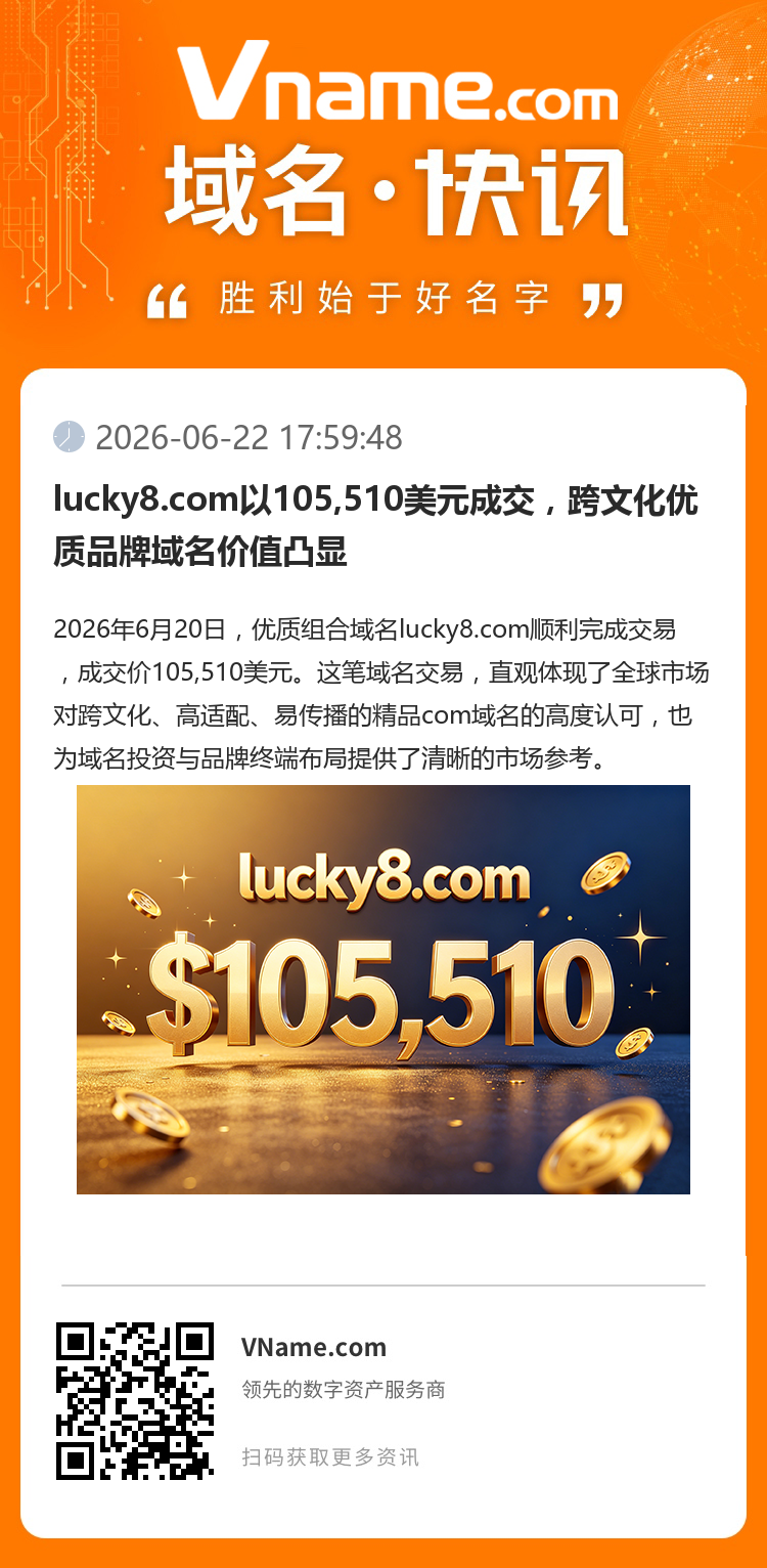 lucky8.com以105,510美元成交，跨文化優質品牌域名價值凸顯