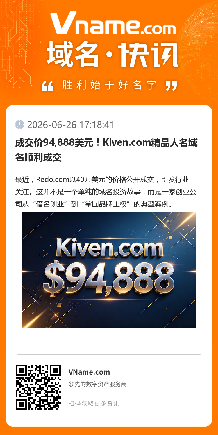 成交價94,888美元！Kiven.com精品人名域名順利成交