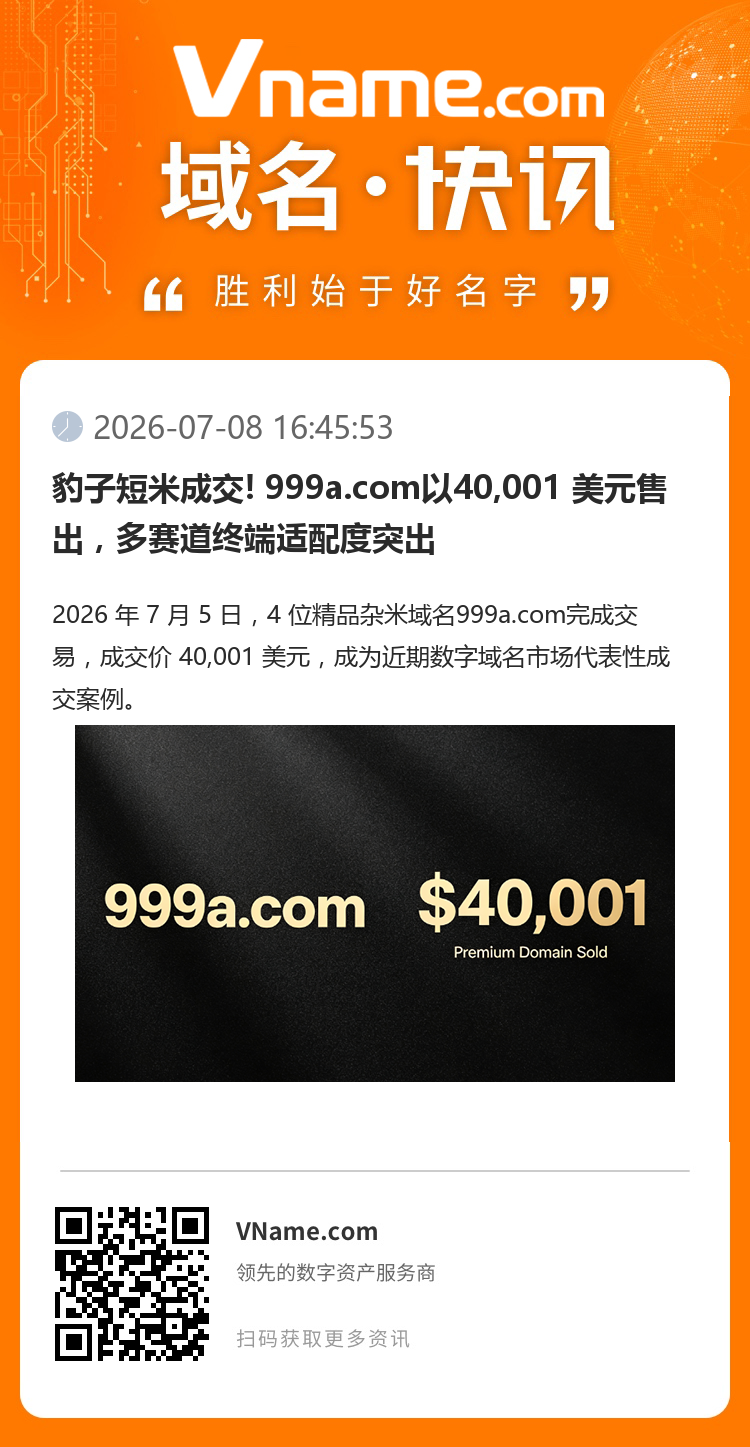 豹子短米成交! 999a.com以40,001 美元售出，多賽道終端適配度突出