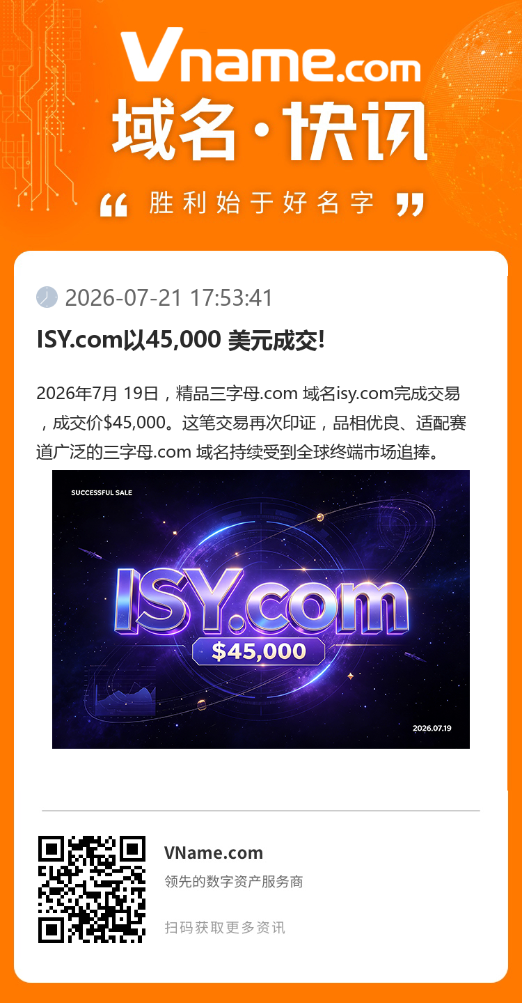 ISY.com以45,000 美元成交!