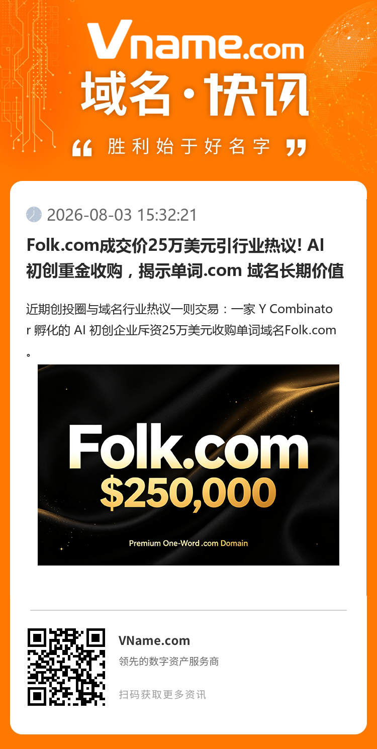 Folk.com成交價(jià)25萬(wàn)美元引行業(yè)熱議! AI初創(chuàng)重金收購(gòu)，揭示單詞.com 域名長(zhǎng)期價(jià)值