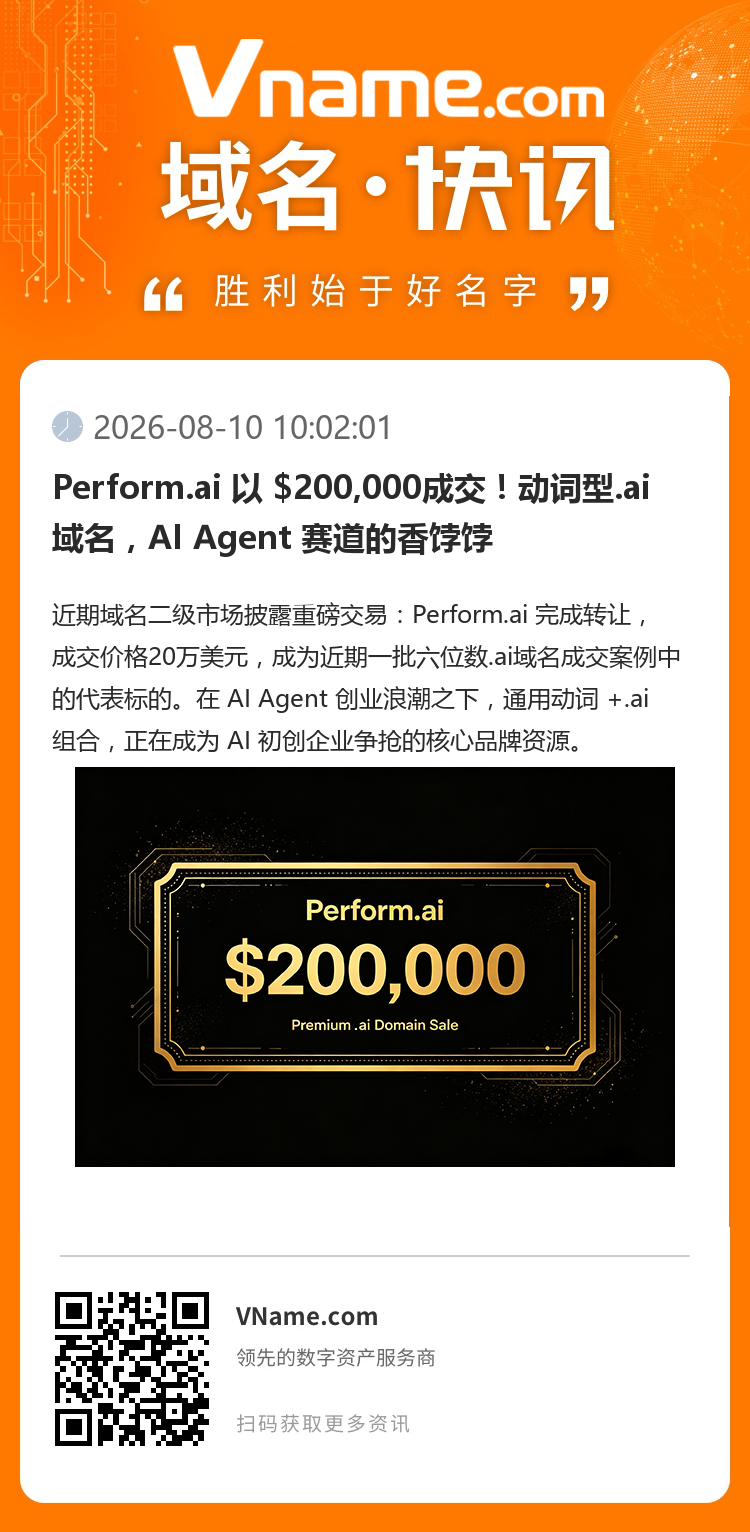 Perform.ai 以 $200,000成交！動(dòng)詞型.ai 域名，AI Agent 賽道的香餑餑
