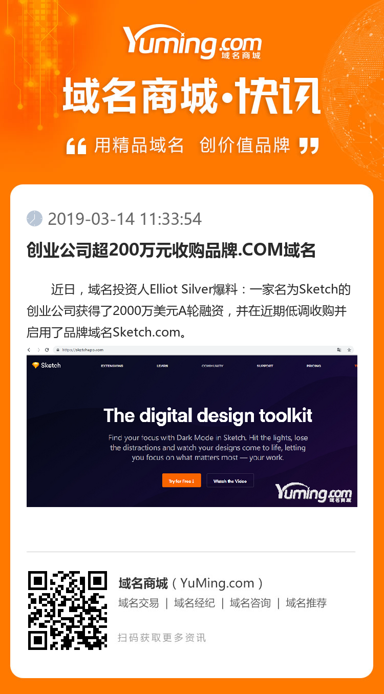 創(chuàng)業(yè)公司超200萬元收購品牌.COM域名