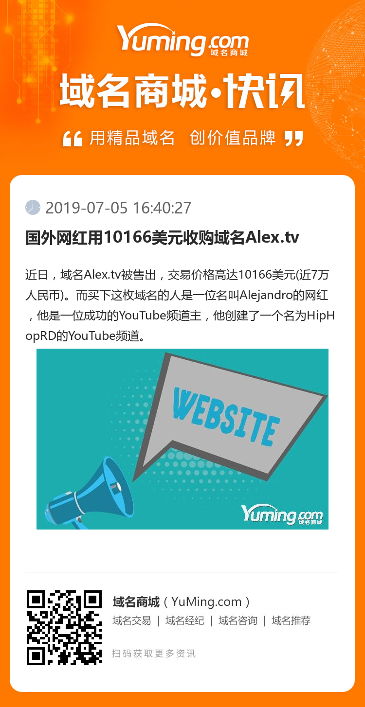 國外網紅用10166美元收購域名Alex.tv