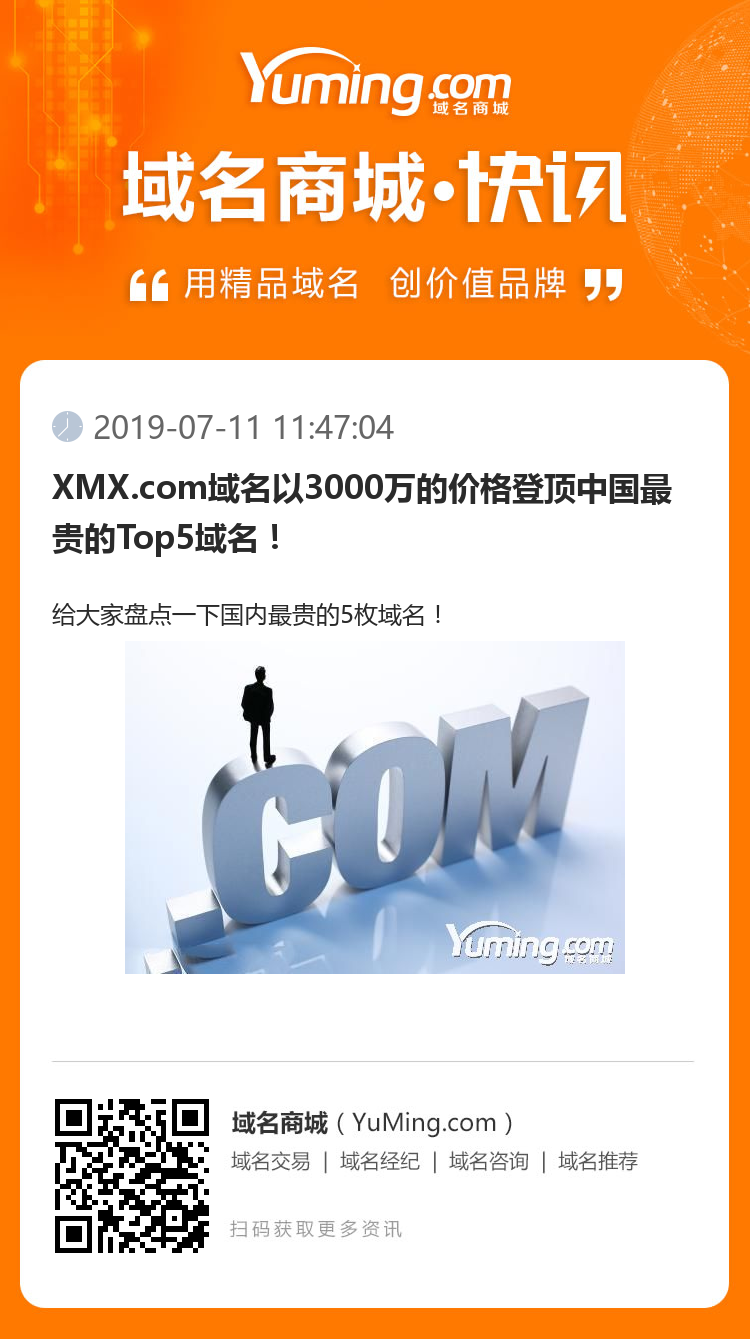 XMX.com域名以3000萬的價格登頂中國最貴的Top5域名！