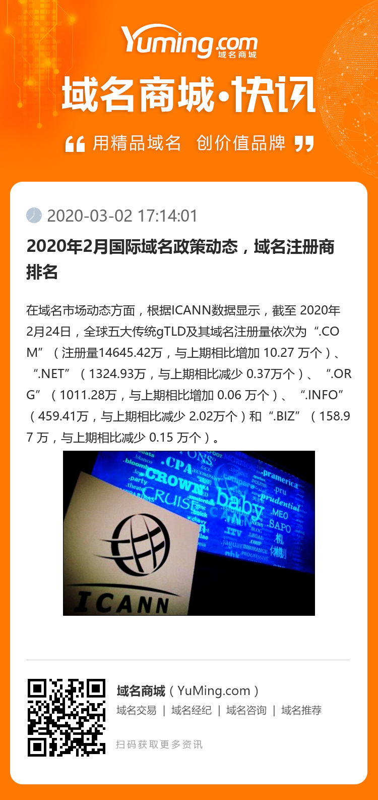 2020年2月國際域名政策動態，域名注冊商排名